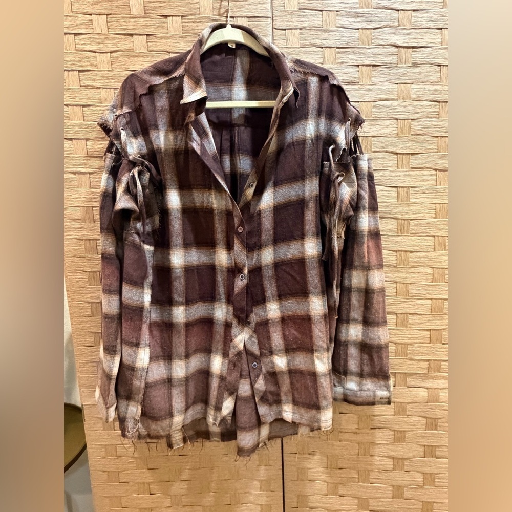 POL Plaid Button Down Shirt in Brown and Cream Oversized Size S Boho Western - Picture 2 of 5